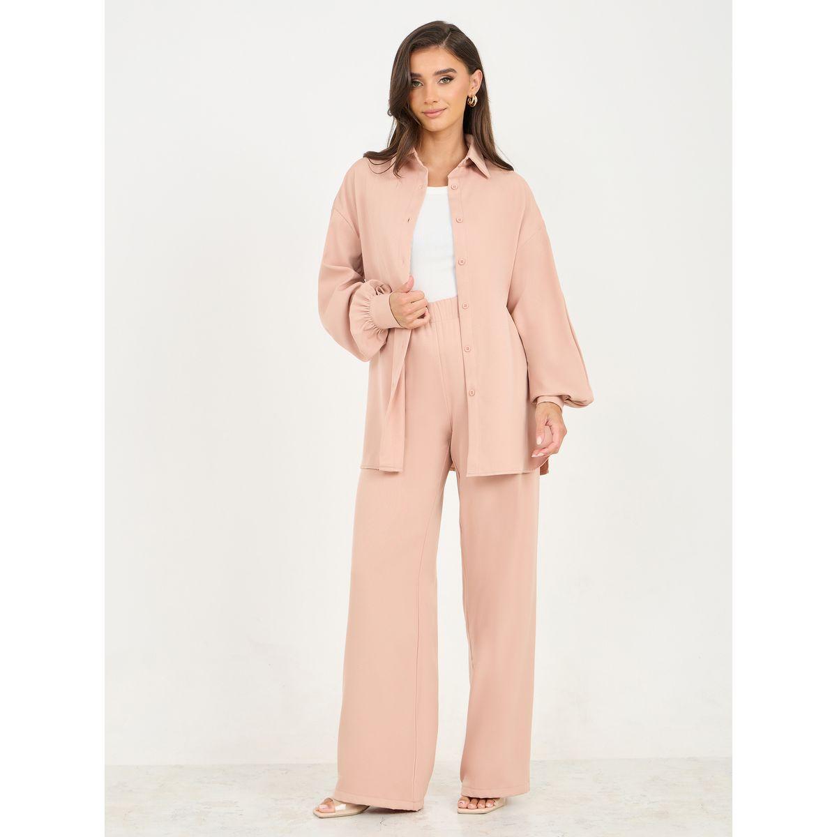 طقم منسق من بنطال بأرجل واسعة مع بلوزة سادة-women-clothing-coordsets-image-1
