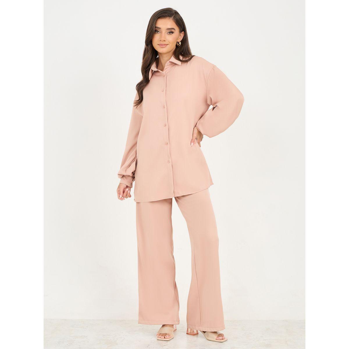 طقم منسق من بنطال بأرجل واسعة مع بلوزة سادة-women-clothing-coordsets-image-2