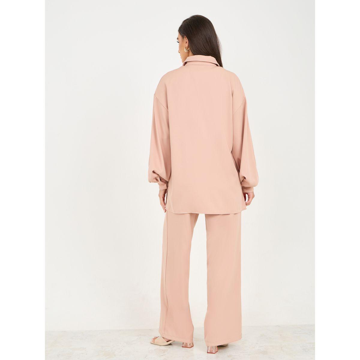 طقم منسق من بنطال بأرجل واسعة مع بلوزة سادة-women-clothing-coordsets-image-5