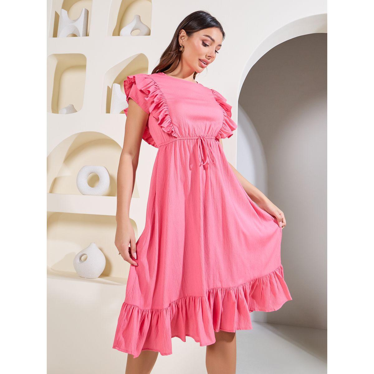 Styli Elevate Ruffle Detail Waist Tie Up Knee Length Dress-women-clothing-dresses-image-2