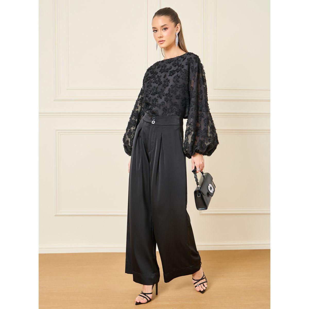 Styli Burnout Textured Balloon Sleeve Blouse & Wide Leg Pants Co-Ord-women-clothing-coordsets-image-1