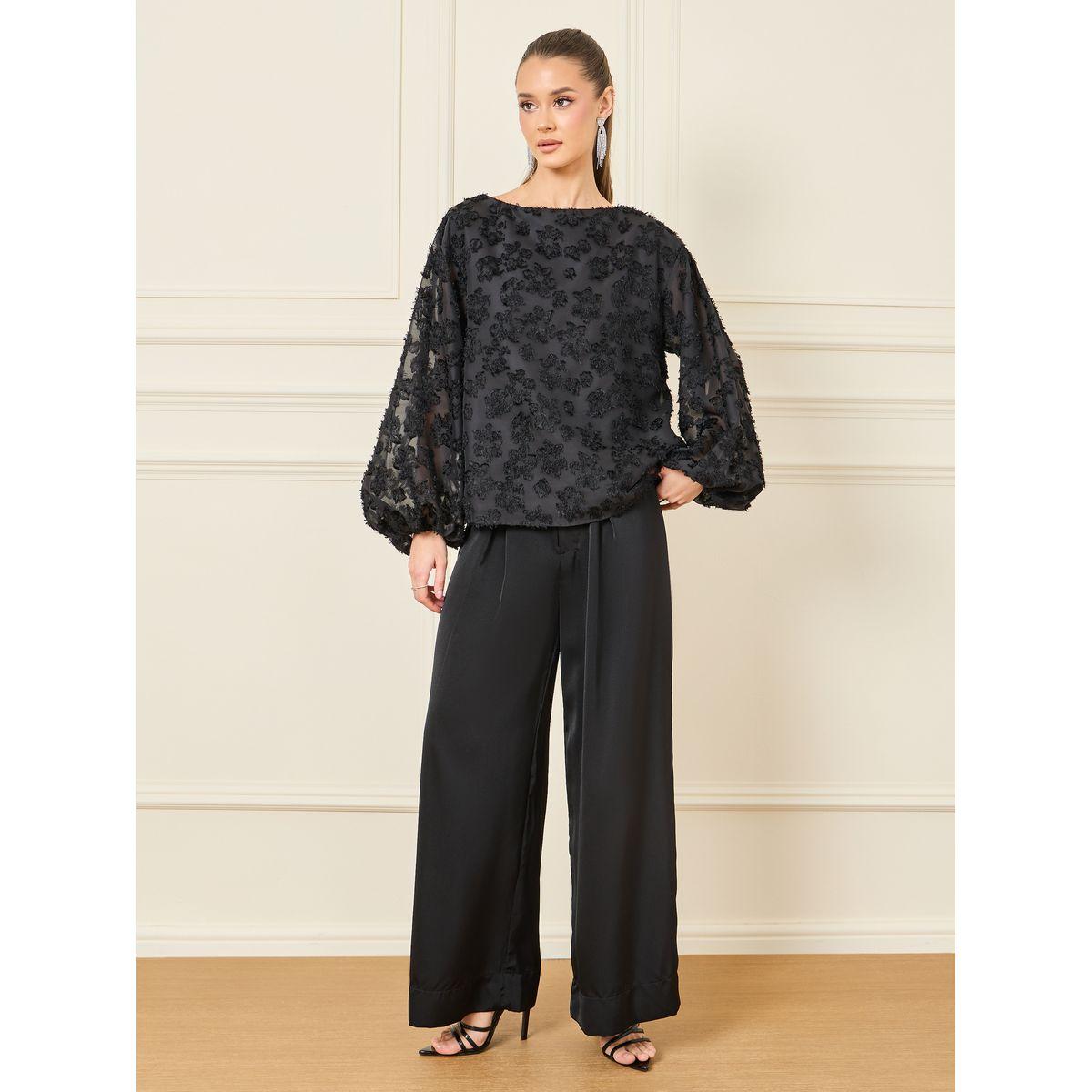 Styli Burnout Textured Balloon Sleeve Blouse & Wide Leg Pants Co-Ord-women-clothing-coordsets-image-2