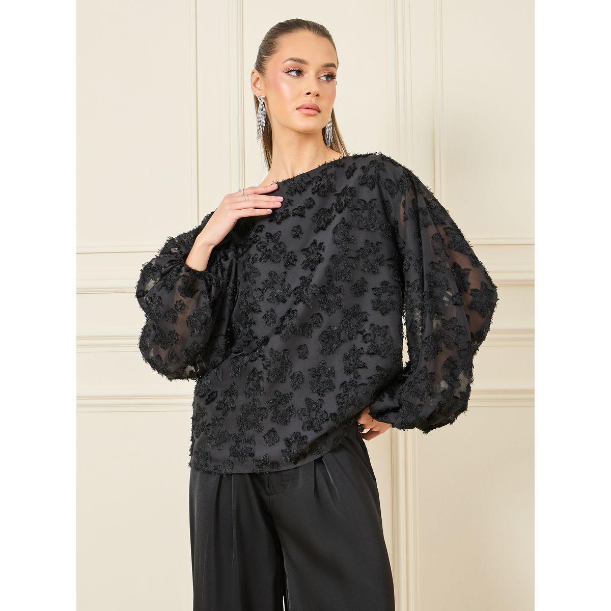 Styli Burnout Textured Balloon Sleeve Blouse & Wide Leg Pants Co-Ord-women-clothing-coordsets-image-3