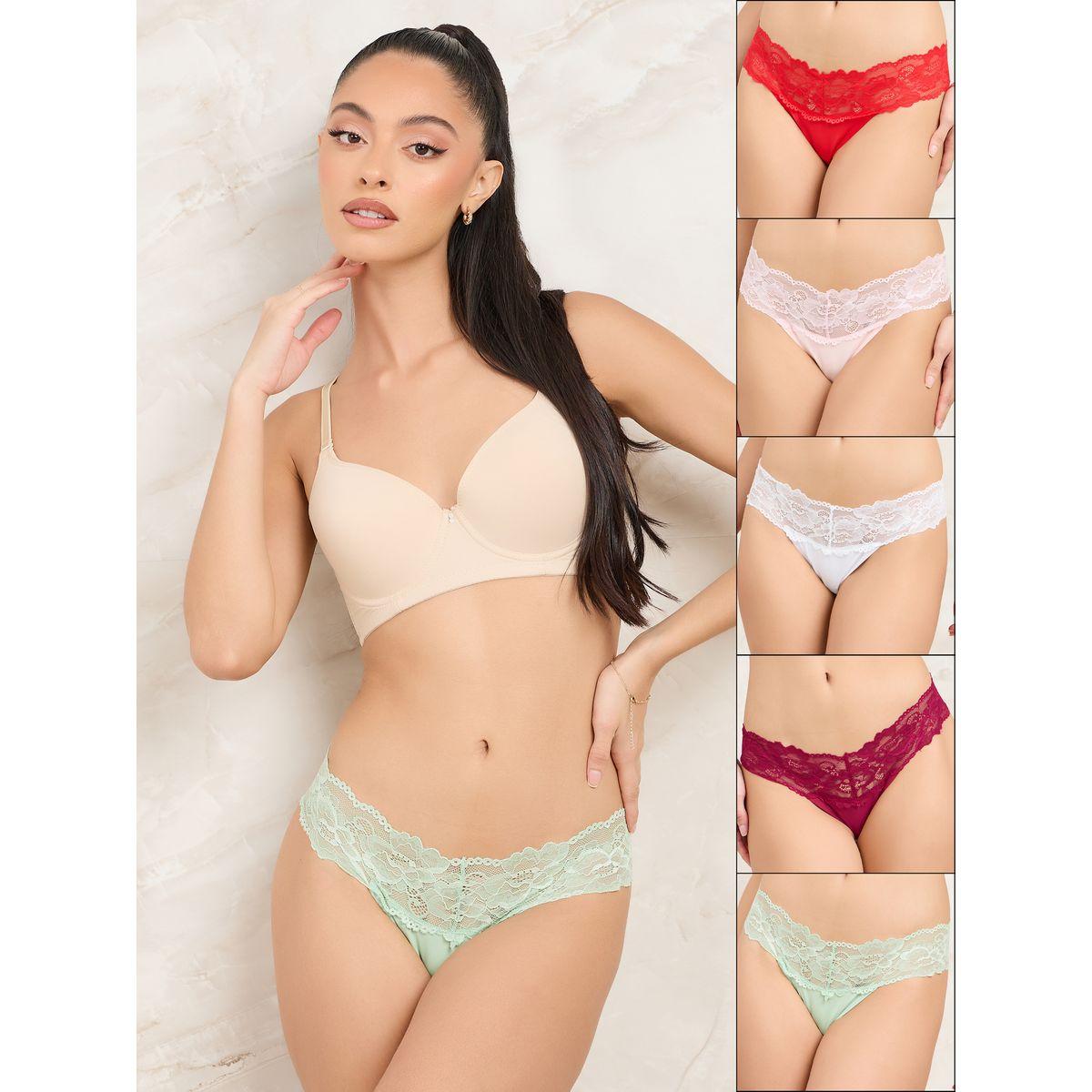 Styli Pack of 5 - Scalloped Edge Wide Lace Trim Waistband Thong-women-clothing-lingerie-panties-image-1