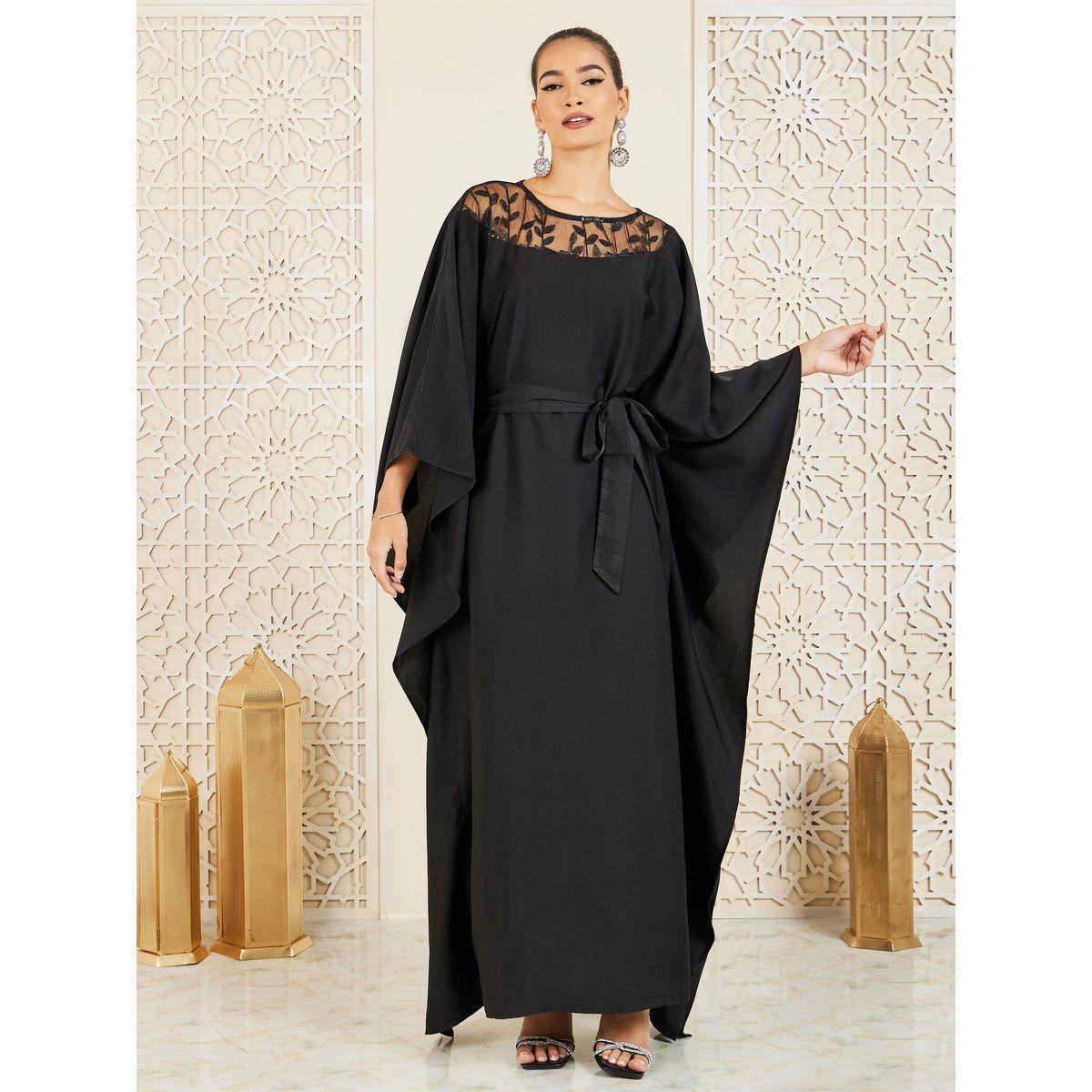 Styli Embroidered Mesh Neckline Kaftan with Self Tie Up-women-arabicclothing-kaftan-image-1