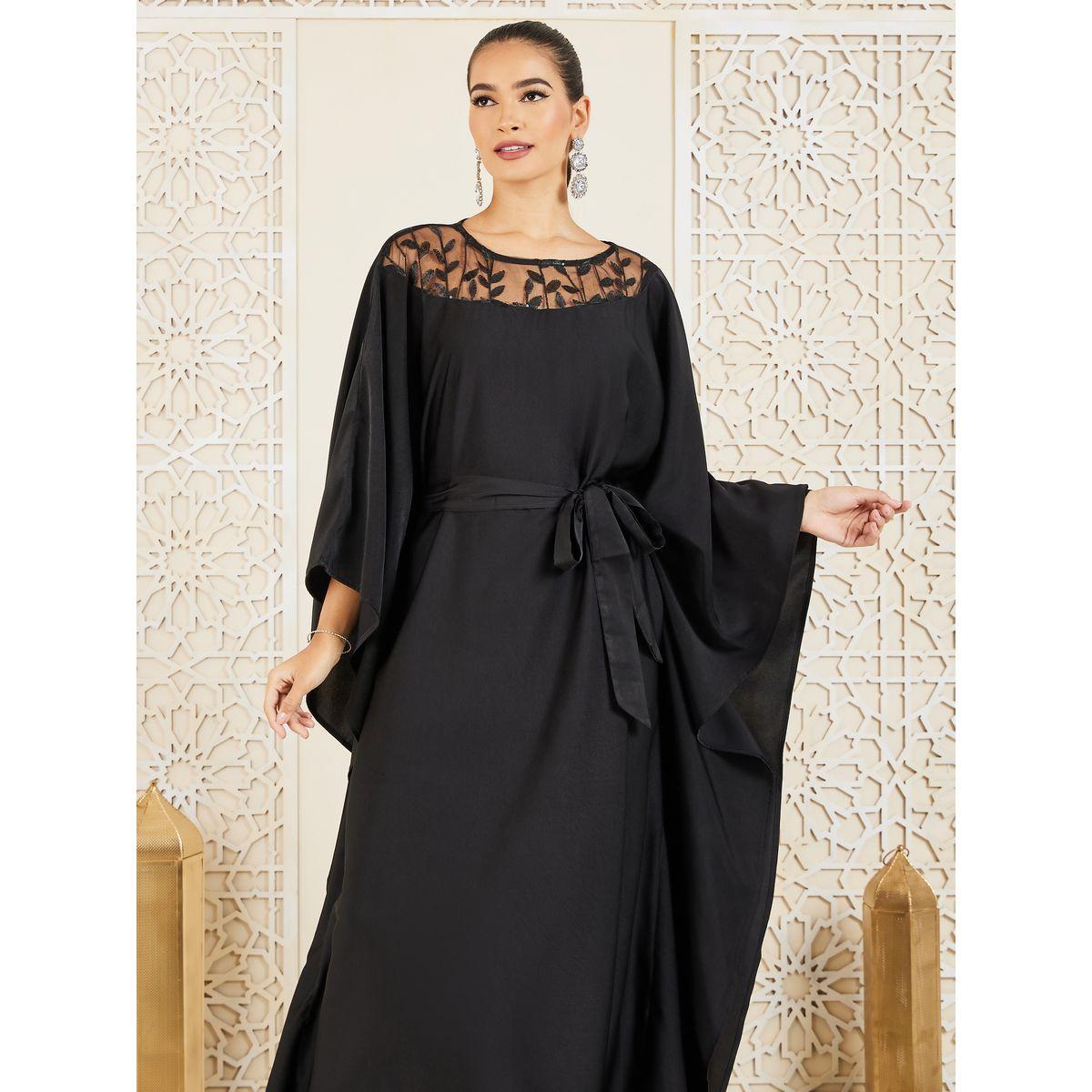 Styli Embroidered Mesh Neckline Kaftan with Self Tie Up-women-arabicclothing-kaftan-image-2