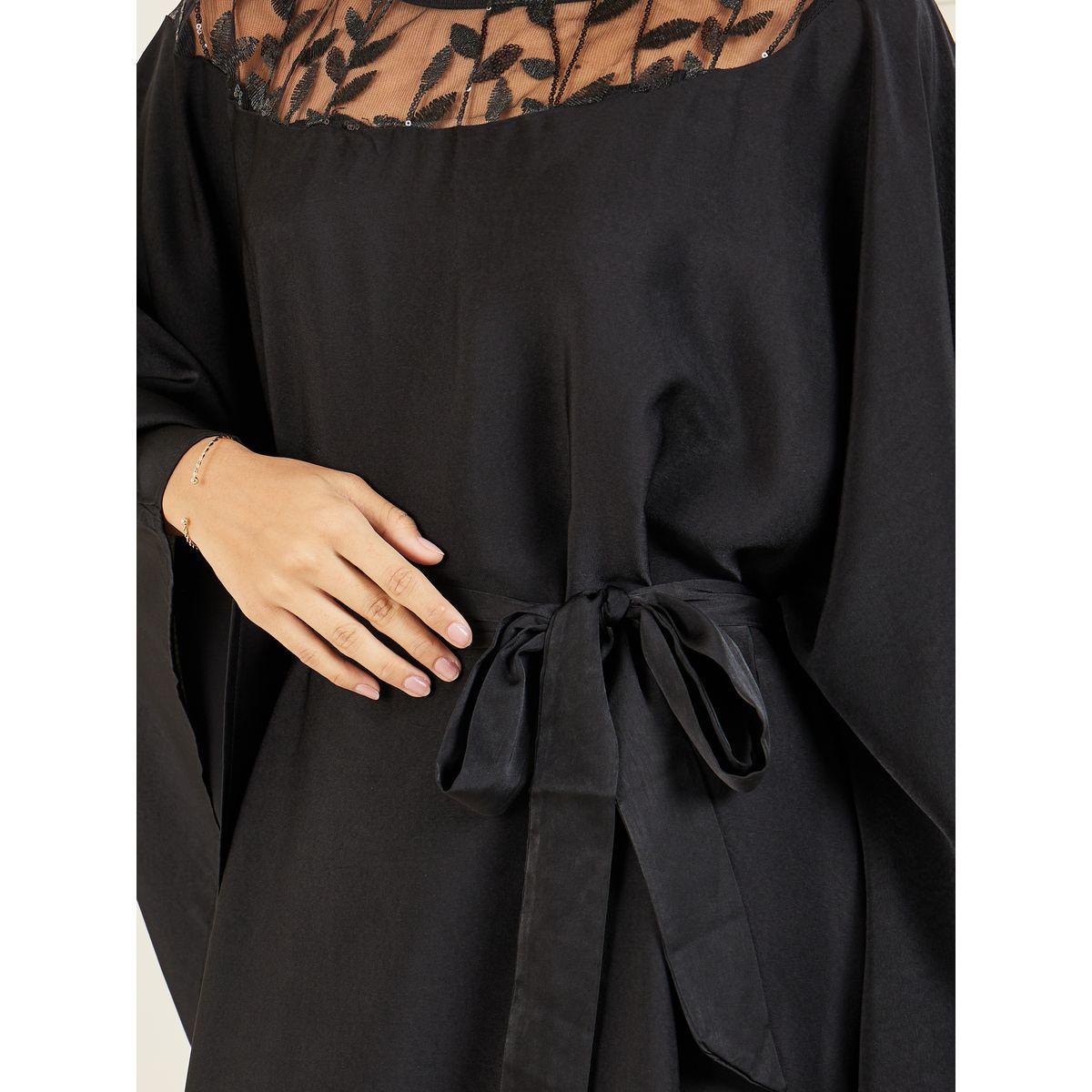 Styli Embroidered Mesh Neckline Kaftan with Self Tie Up-women-arabicclothing-kaftan-image-3