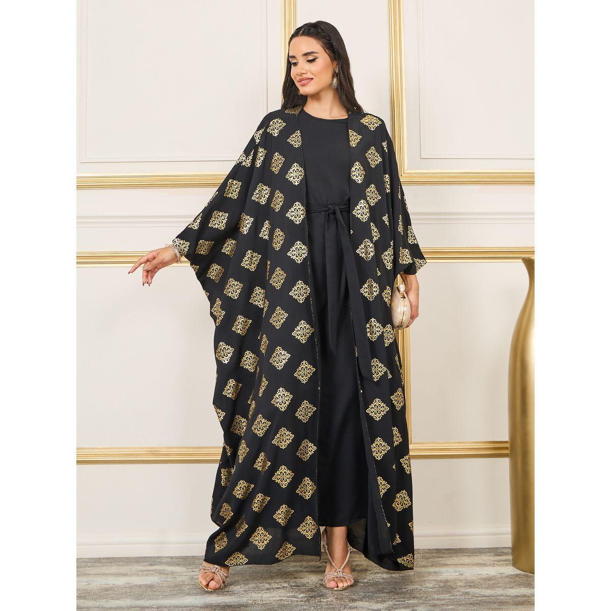 Styli Damask Foil Print Abaya with Self Tie Up Under Dress Set-women-arabicclothing-abayas-image-1