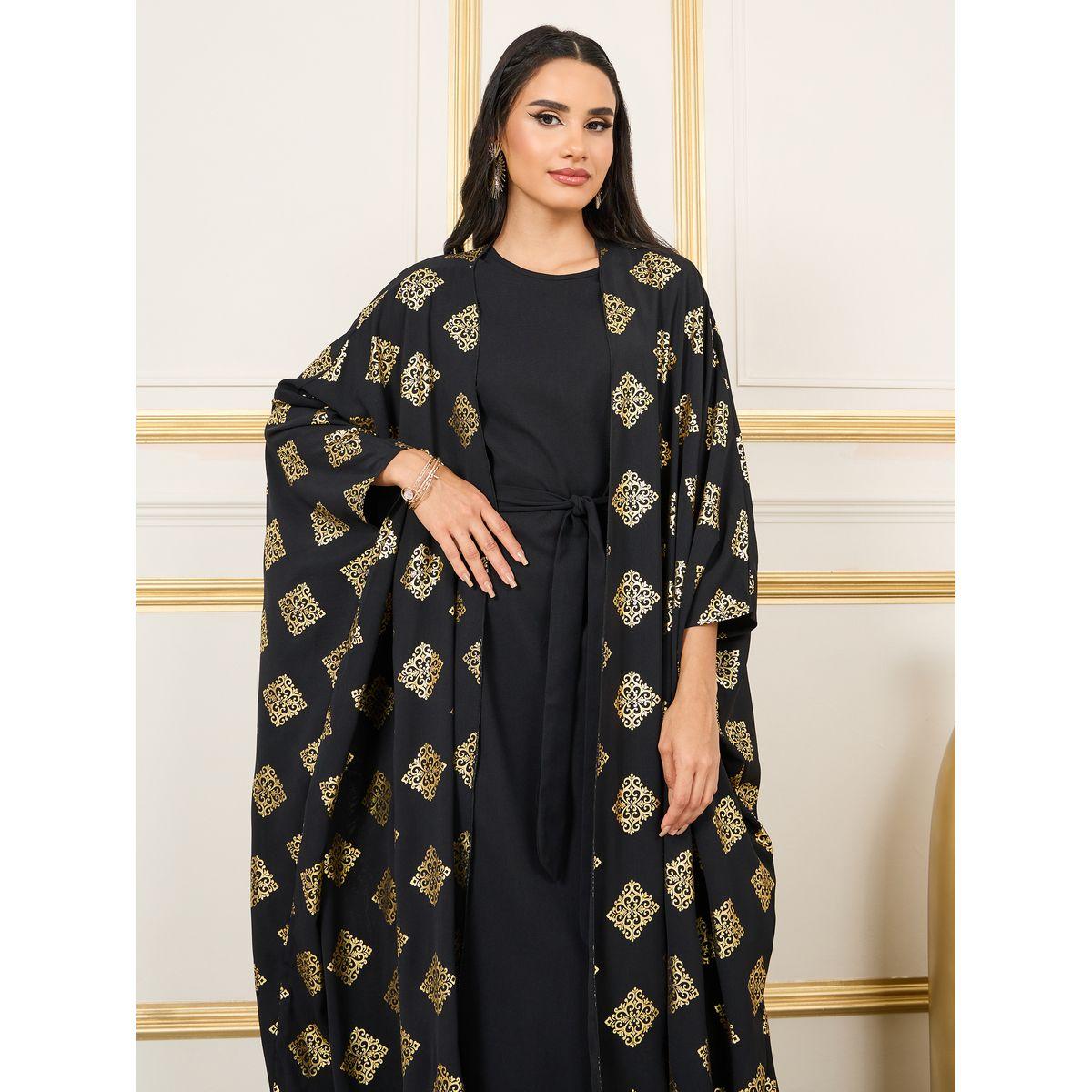 Styli Damask Foil Print Abaya with Self Tie Up Under Dress Set-women-arabicclothing-abayas-image-2