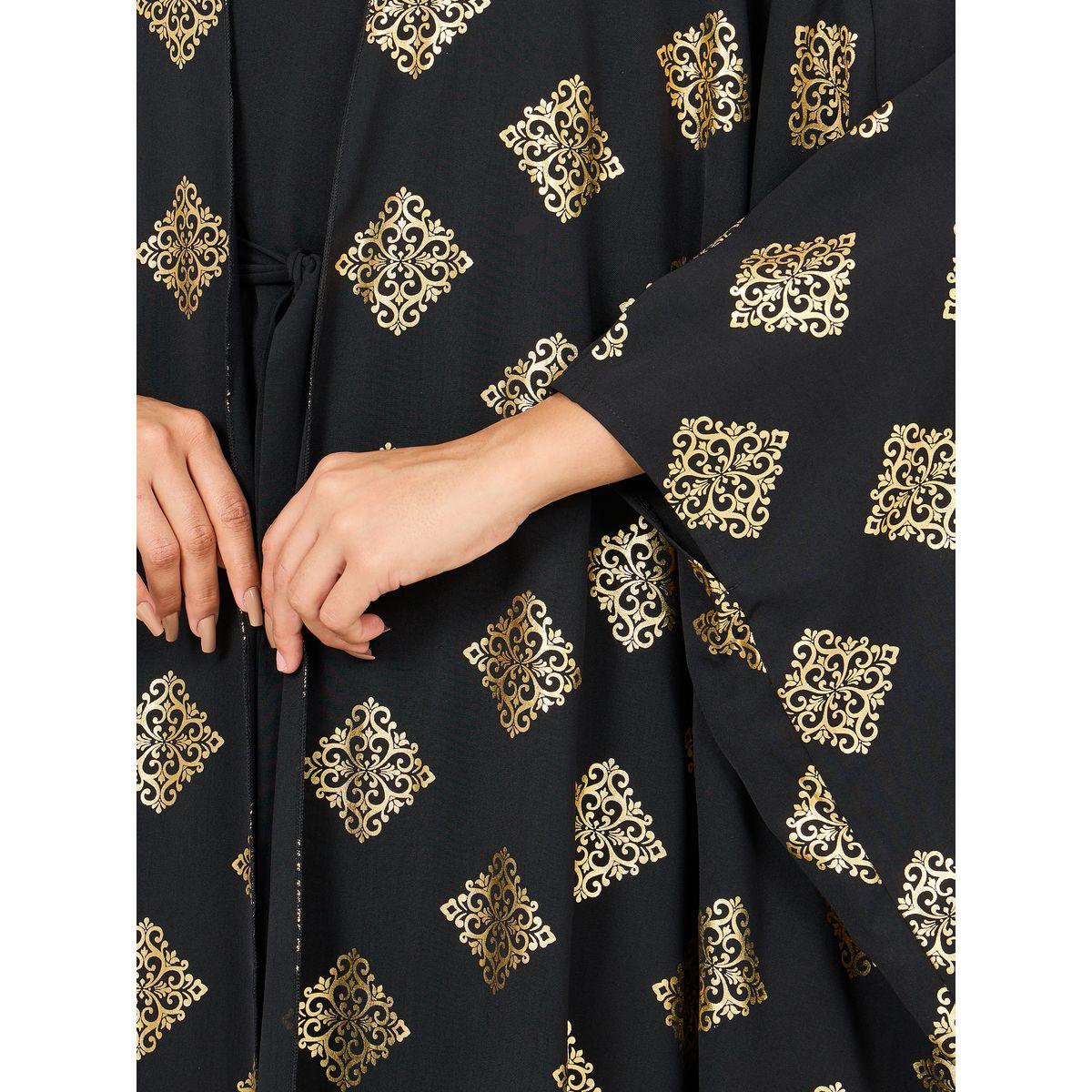 Styli Damask Foil Print Abaya with Self Tie Up Under Dress Set-women-arabicclothing-abayas-image-3