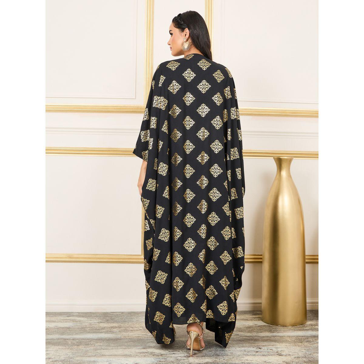 Styli Damask Foil Print Abaya with Self Tie Up Under Dress Set-women-arabicclothing-abayas-image-4