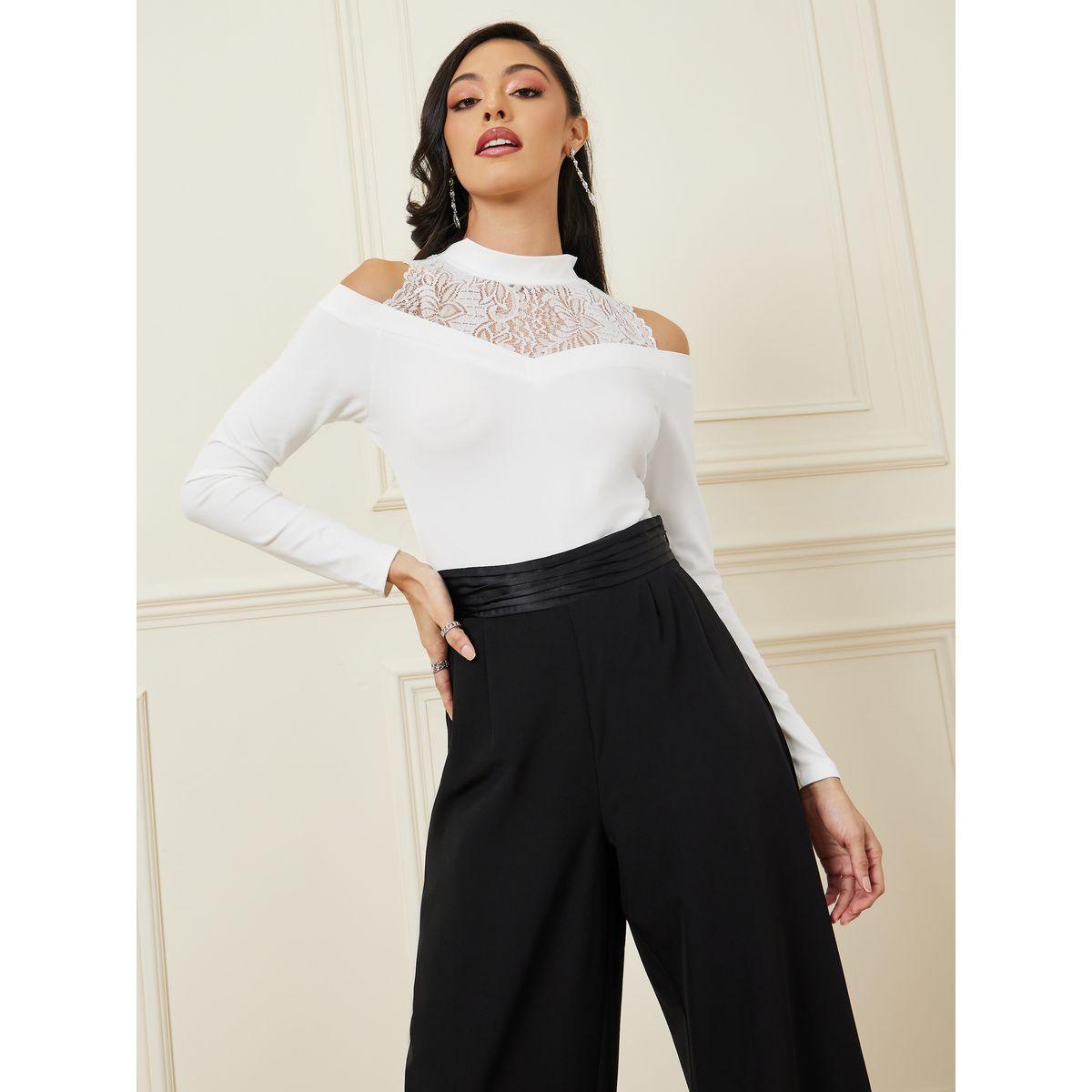 Styli High Neck Cold Shoulder Lace Insert Bodysuit-women-clothing-tshirts-image-3