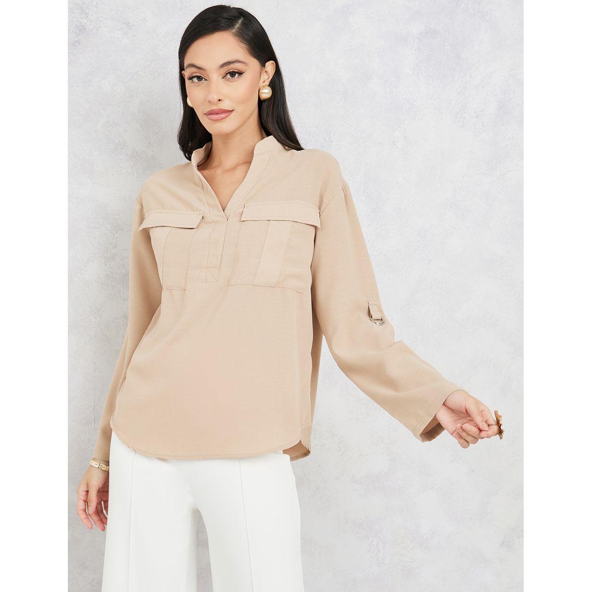 Styli Pocket Detail Blouse with Roll Up Sleeves-women-clothing-shirtsandblouses-blouses-image-2