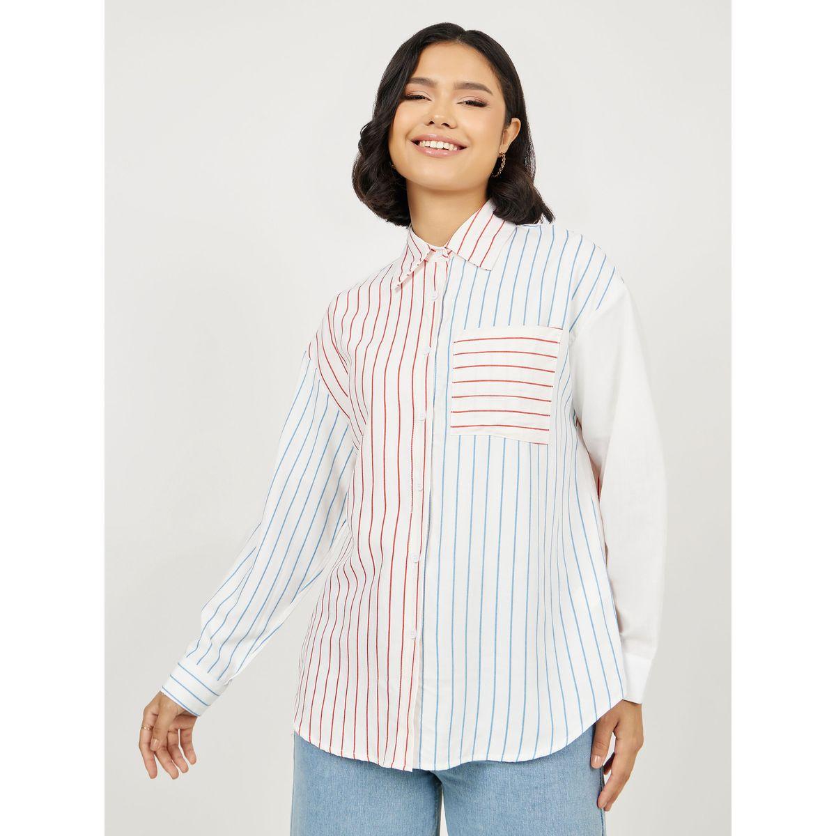 Styli Oversized Contrast Striped Shirt with Pocket-women-clothing-shirtsandblouses-shirts-image-1