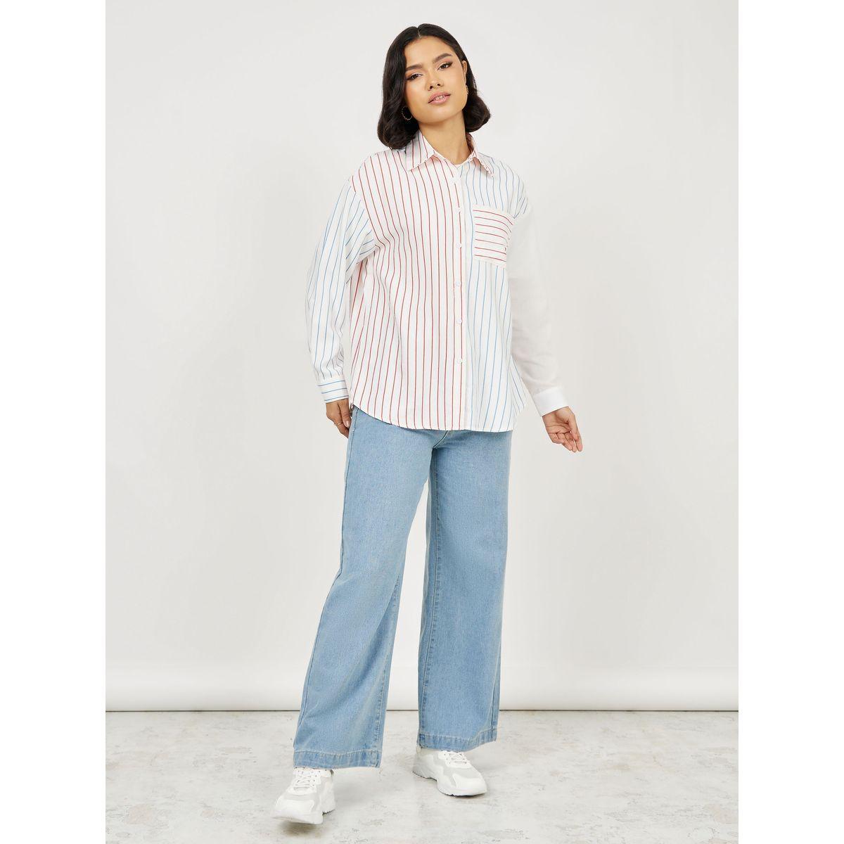 Styli Oversized Contrast Striped Shirt with Pocket-women-clothing-shirtsandblouses-shirts-image-2