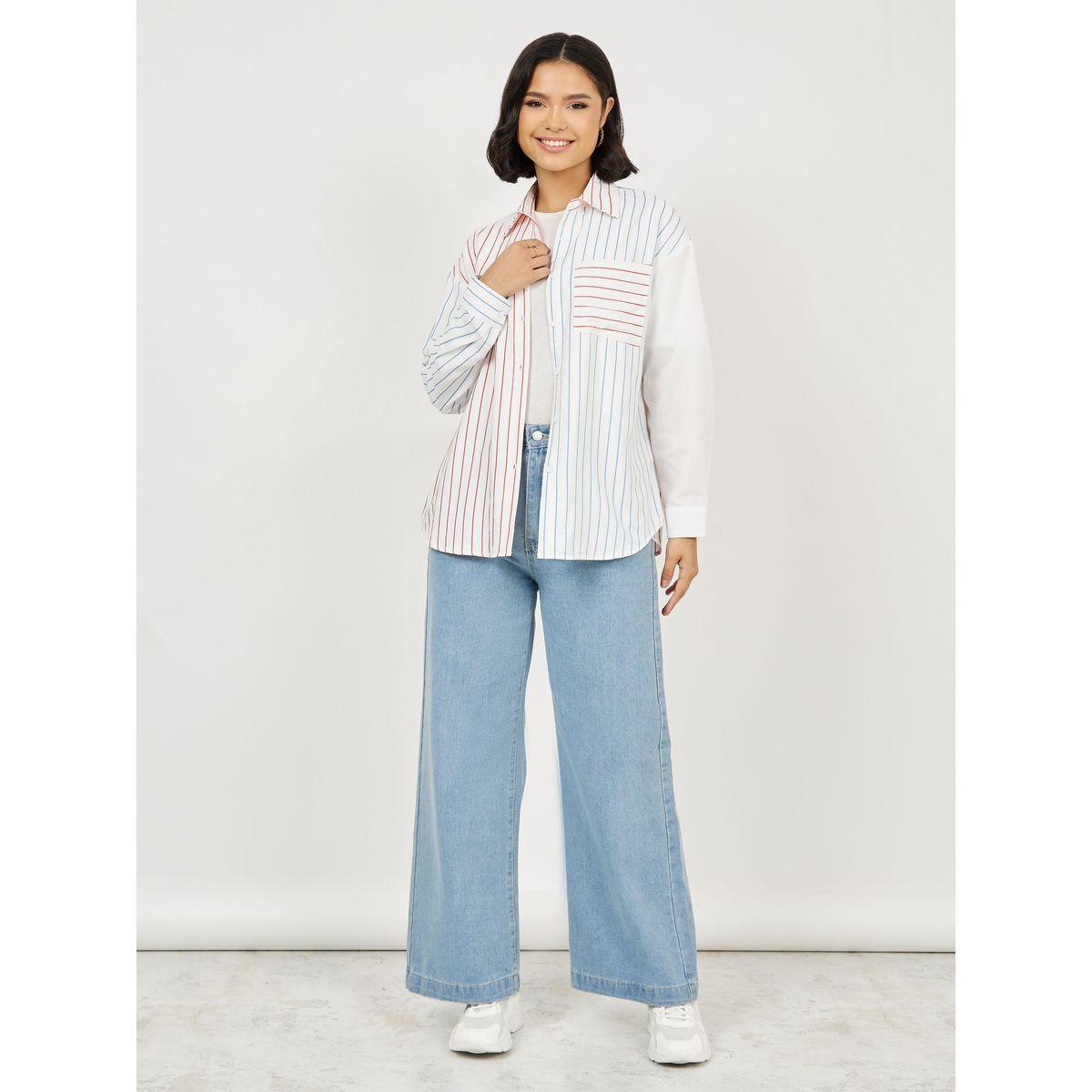 Styli Oversized Contrast Striped Shirt with Pocket-women-clothing-shirtsandblouses-shirts-image-3
