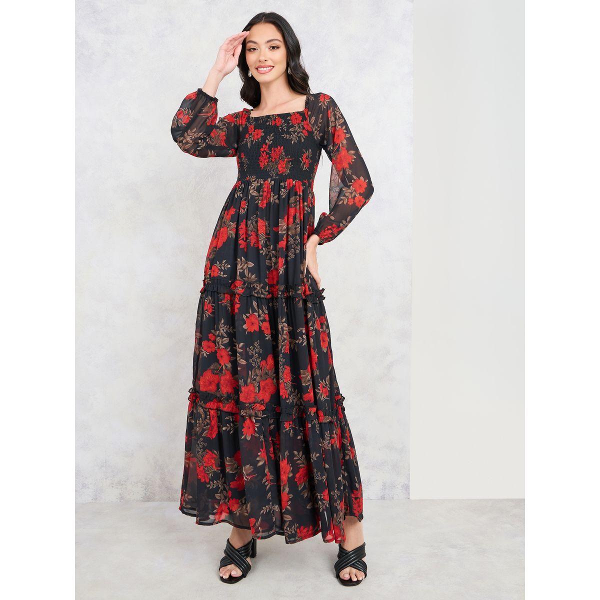 Styli Floral Print Smocked Detail Tiered Maxi Dress-women-clothing-dresses-image-1