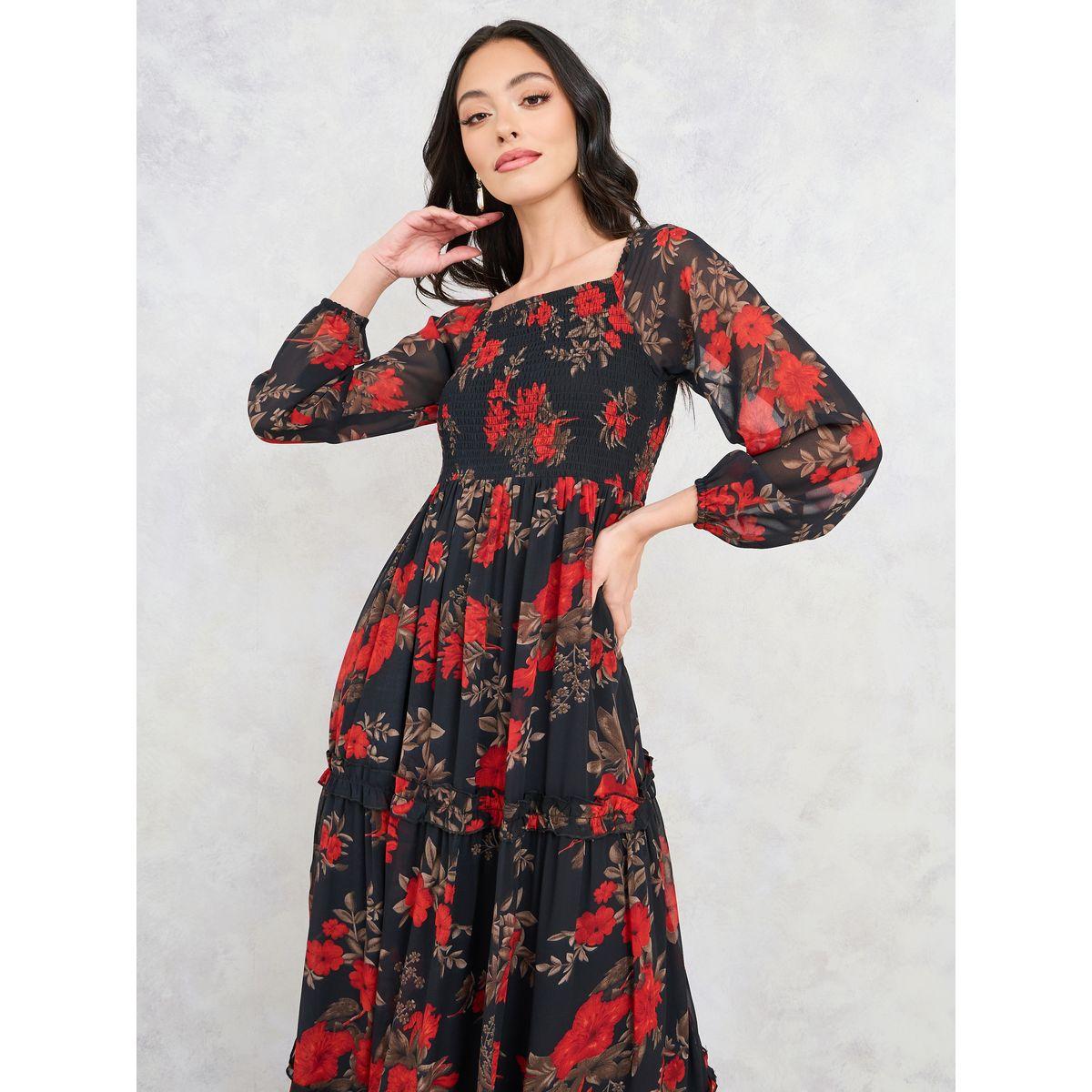 Styli Floral Print Smocked Detail Tiered Maxi Dress-women-clothing-dresses-image-2