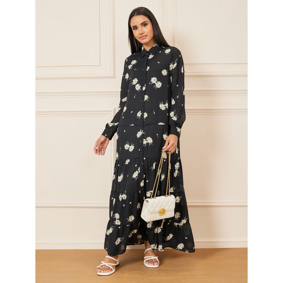 Styli Floral Print Collared Tiered Shirt Maxi Dress-women-clothing-dresses-image-1