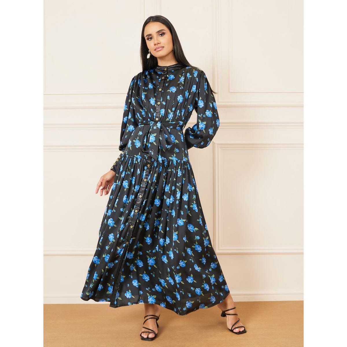 Styli Floral Print High Neck Gathered Detail Maxi Dress-women-clothing-dresses-image-1