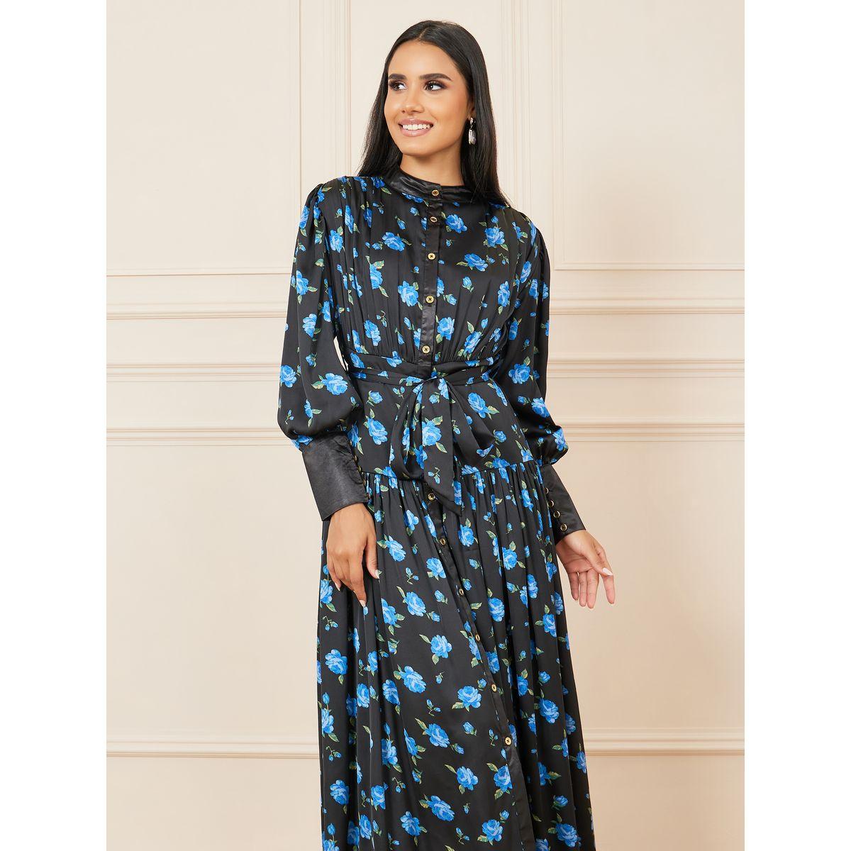 Styli Floral Print High Neck Gathered Detail Maxi Dress-women-clothing-dresses-image-2