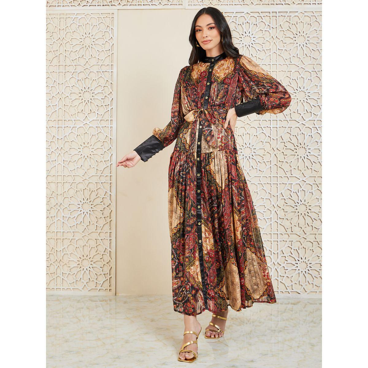 Styli Satin Floral Print High Neck Pleated Maxi Dress with Self Tie Up-women-clothing-dresses-image-1