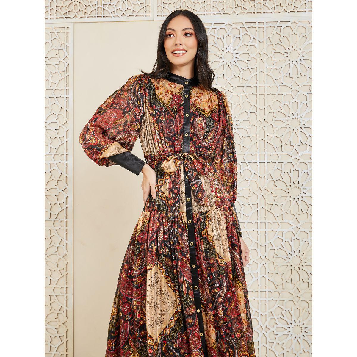 Styli Satin Floral Print High Neck Pleated Maxi Dress with Self Tie Up-women-clothing-dresses-image-2