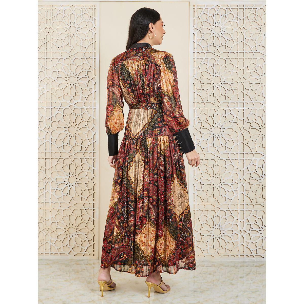Styli Satin Floral Print High Neck Pleated Maxi Dress with Self Tie Up-women-clothing-dresses-image-4