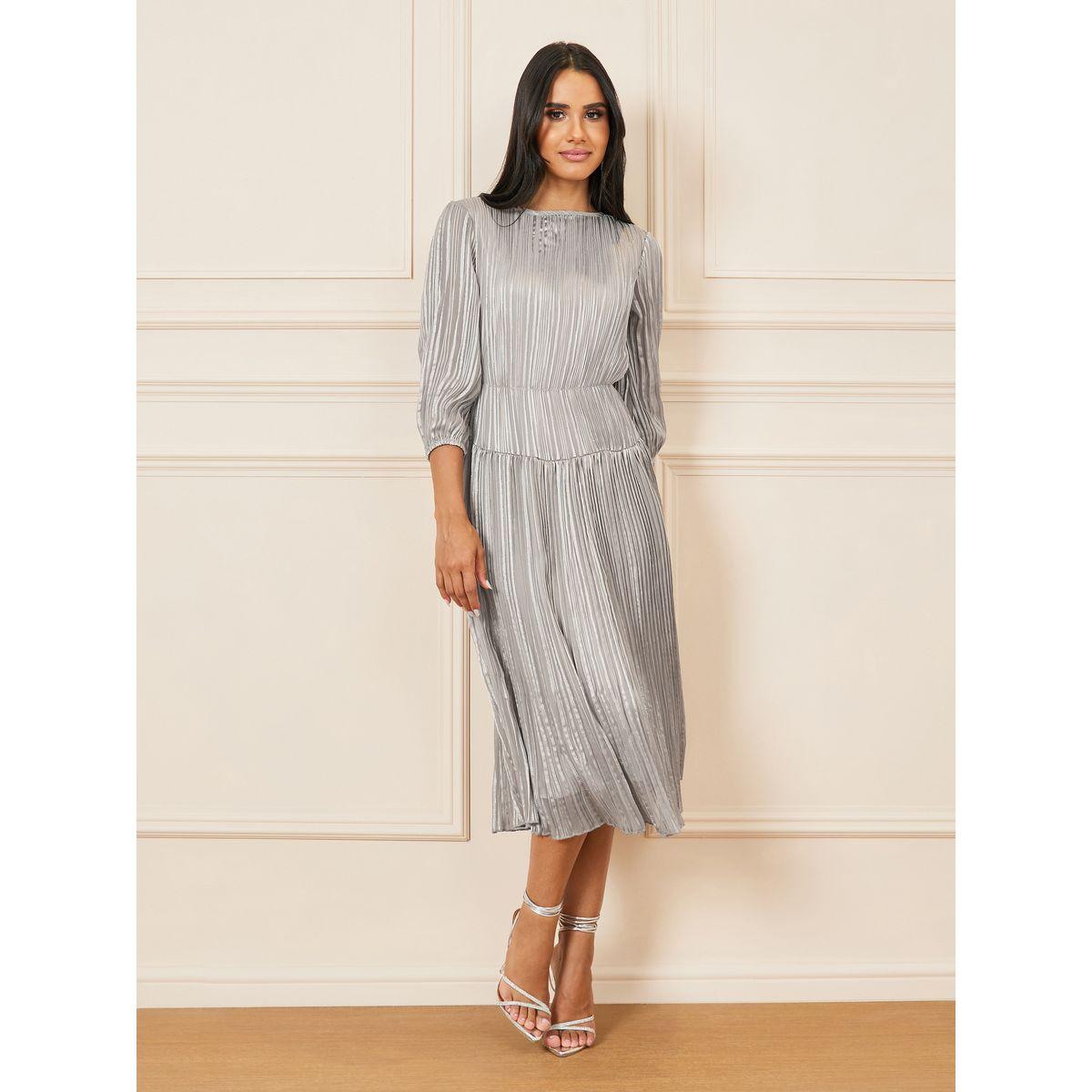 فستان ميدي بكسرات وخطوط بنسيج لوريكس-women-clothing-dresses-image-1