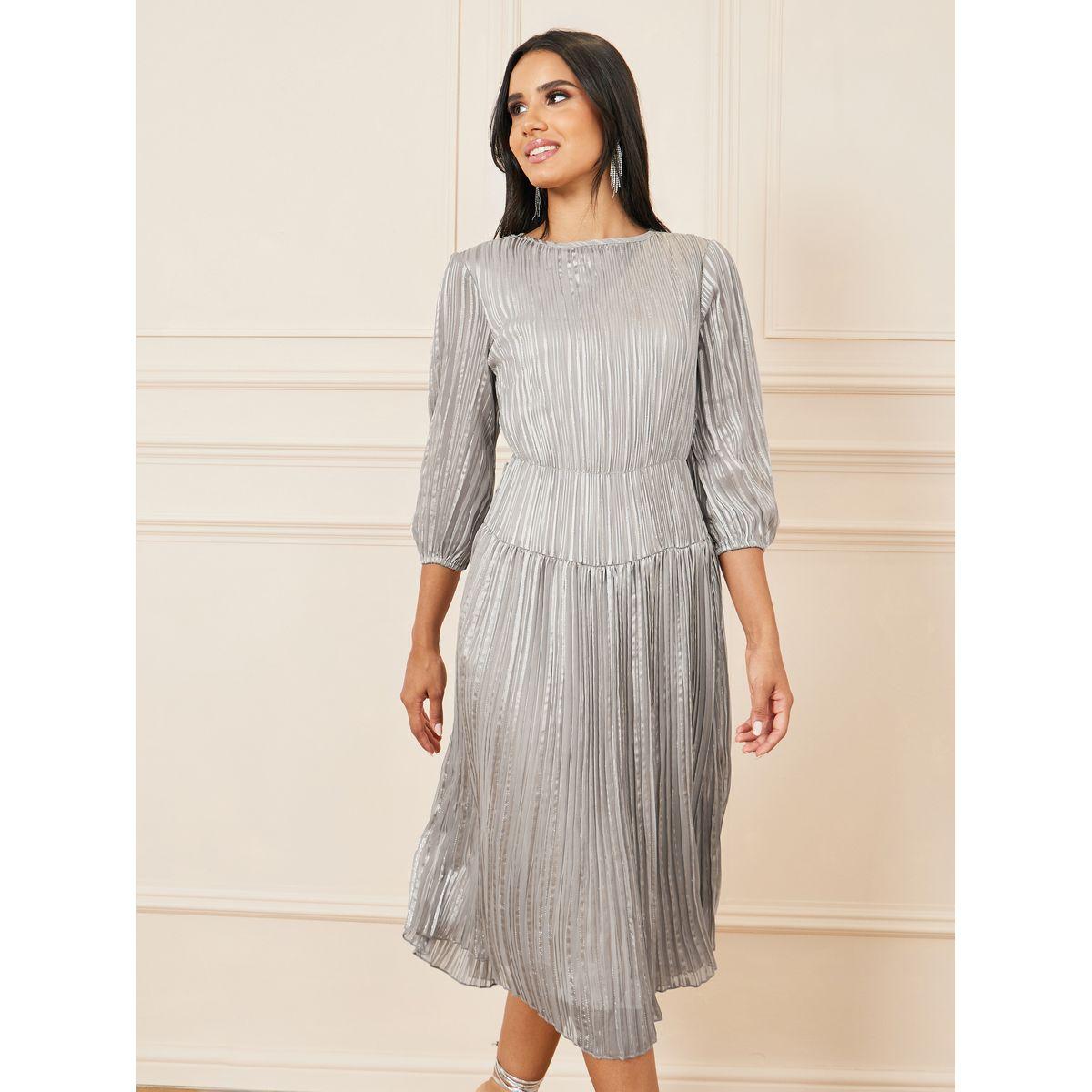 فستان ميدي بكسرات وخطوط بنسيج لوريكس-women-clothing-dresses-image-2