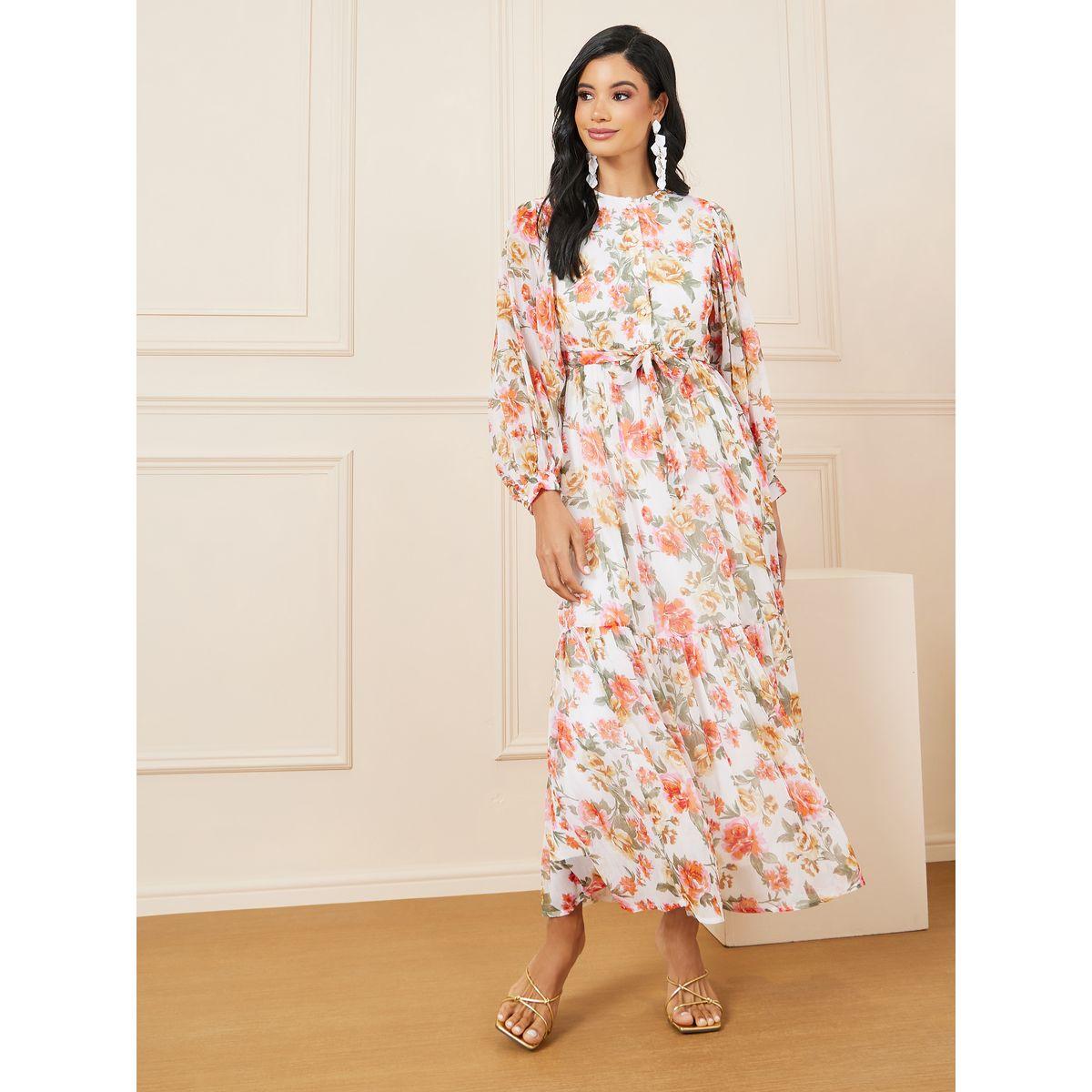 Styli Floral Print High Neck Maxi Dress with Self Tie Up-women-clothing-dresses-image-1