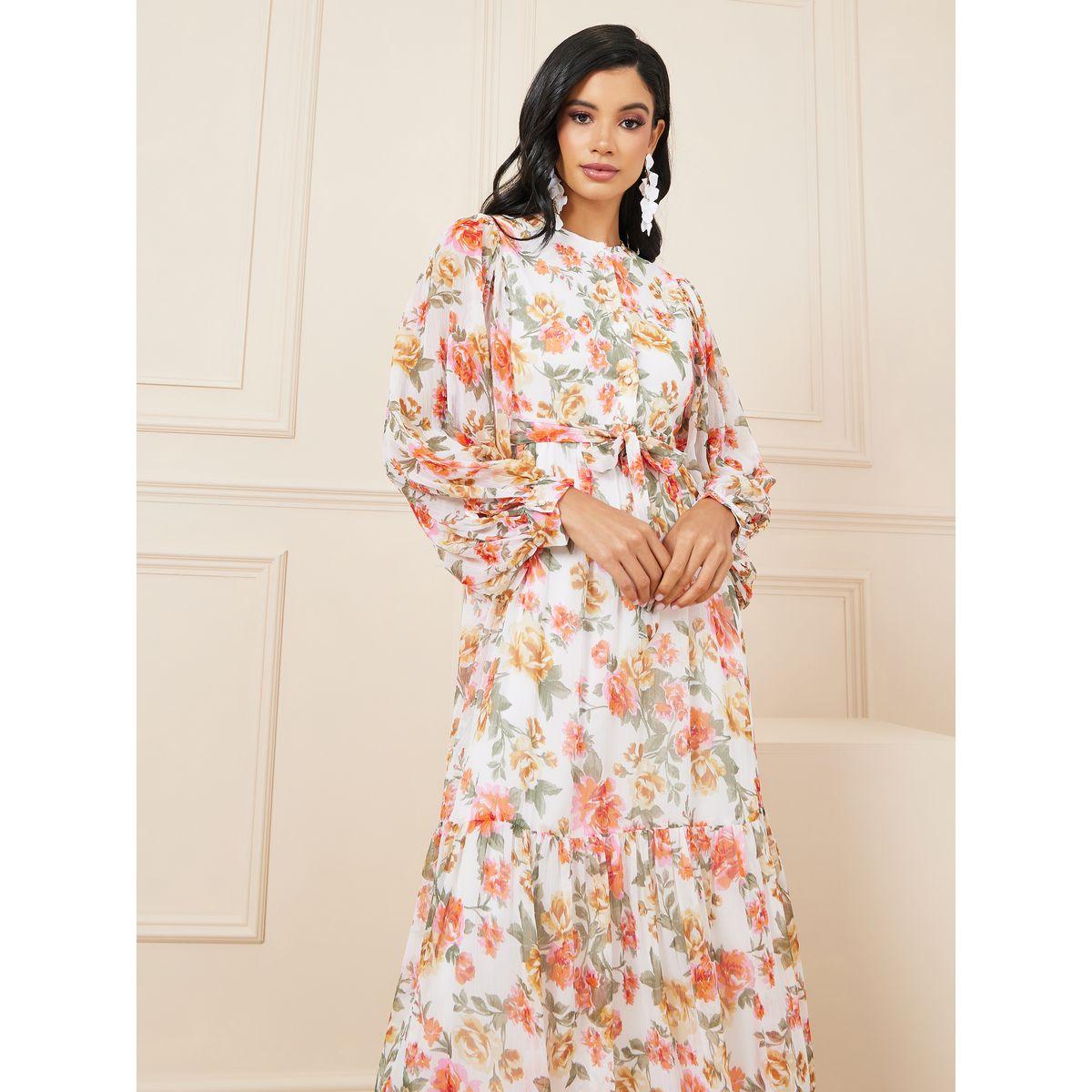 Styli Floral Print High Neck Maxi Dress with Self Tie Up-women-clothing-dresses-image-2