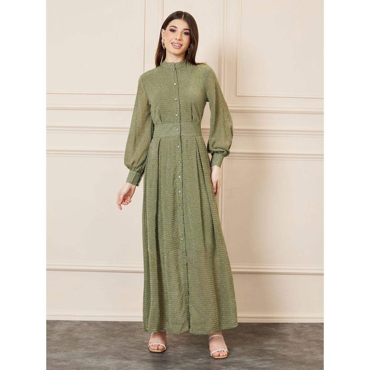 Styli Dobby Textured Mandarin Collar Shirt Maxi Dress-women-clothing-dresses-image-1