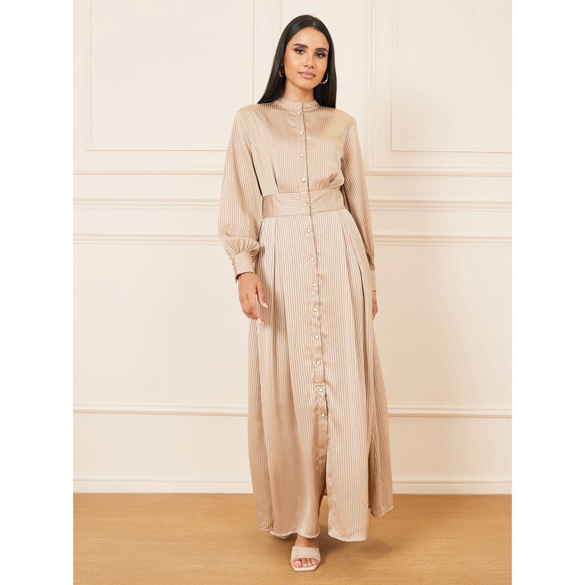 Styli Satin Striped Mandarin Collar Shirt Maxi Dress-women-clothing-dresses-image-1