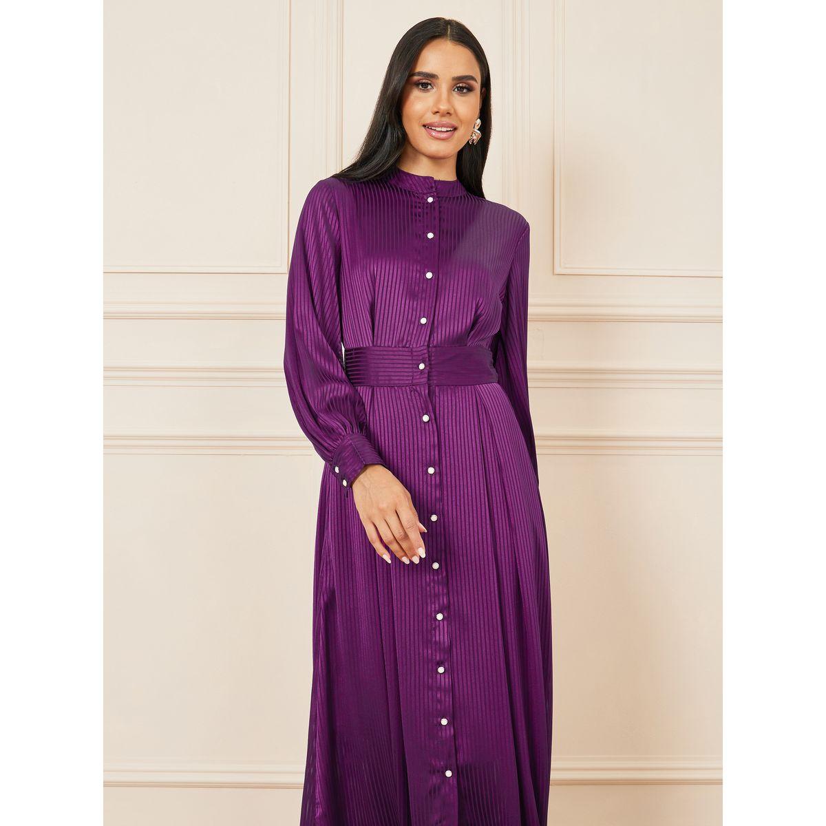 فستان مخطط طويل بياقة عالية-women-clothing-dresses-image-2