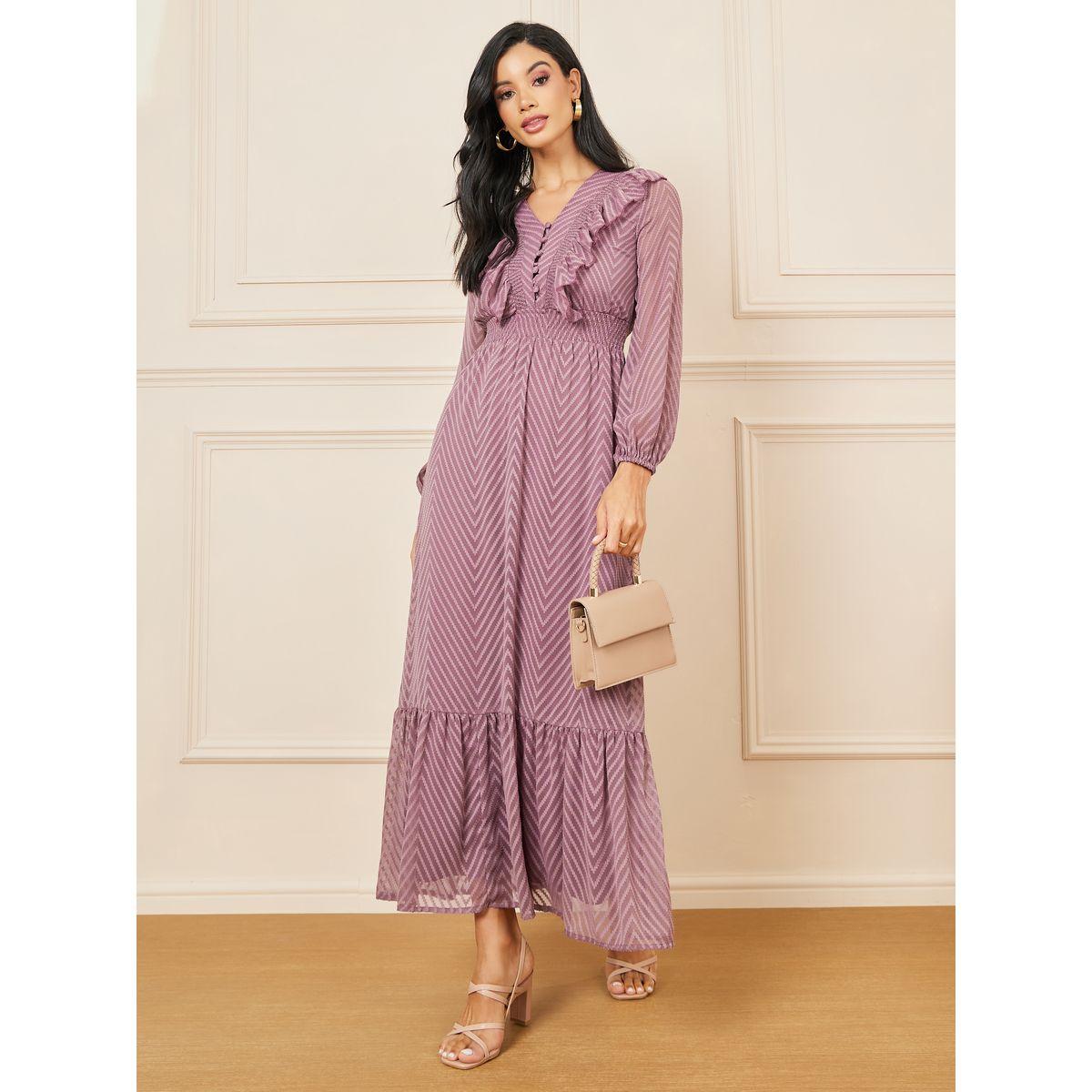 فستان طويل بحافة واسعة وتفاصيل كشكش-women-clothing-dresses-image-1