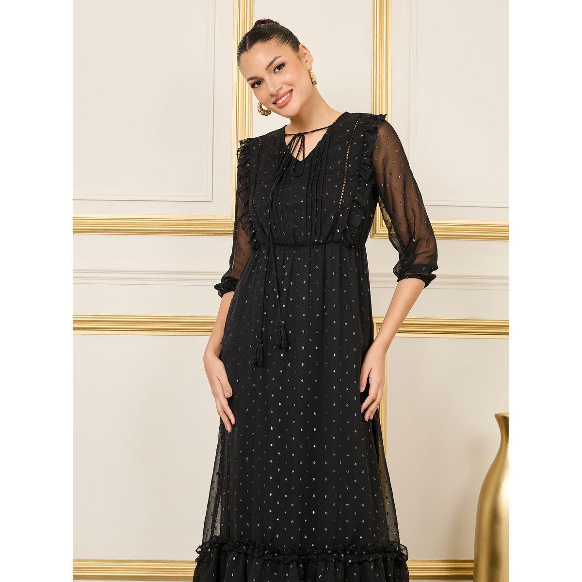 Styli Lace Ladder Ruffle Detail Dobby A-Line Maxi Dress-women-clothing-dresses-image-2