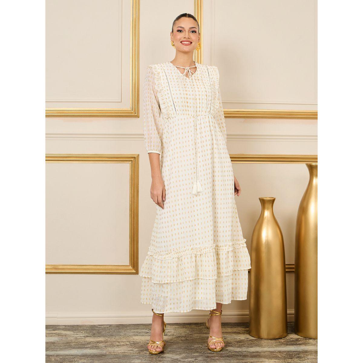 Styli Lace Ladder Ruffle Detail Dobby A-Line Maxi Dress-women-clothing-dresses-image-1