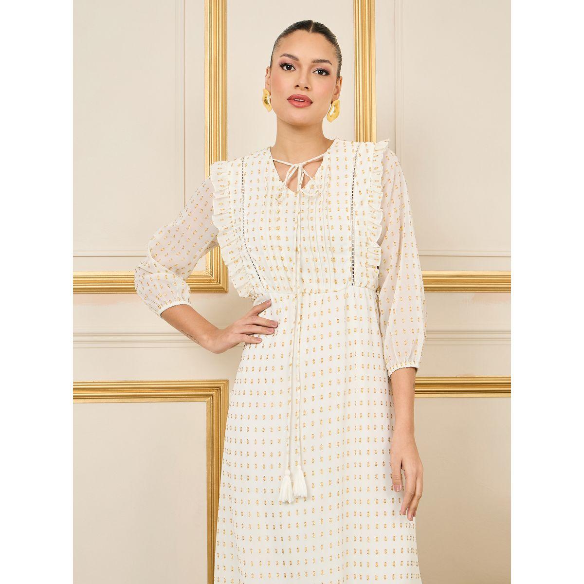Styli Lace Ladder Ruffle Detail Dobby A-Line Maxi Dress-women-clothing-dresses-image-2