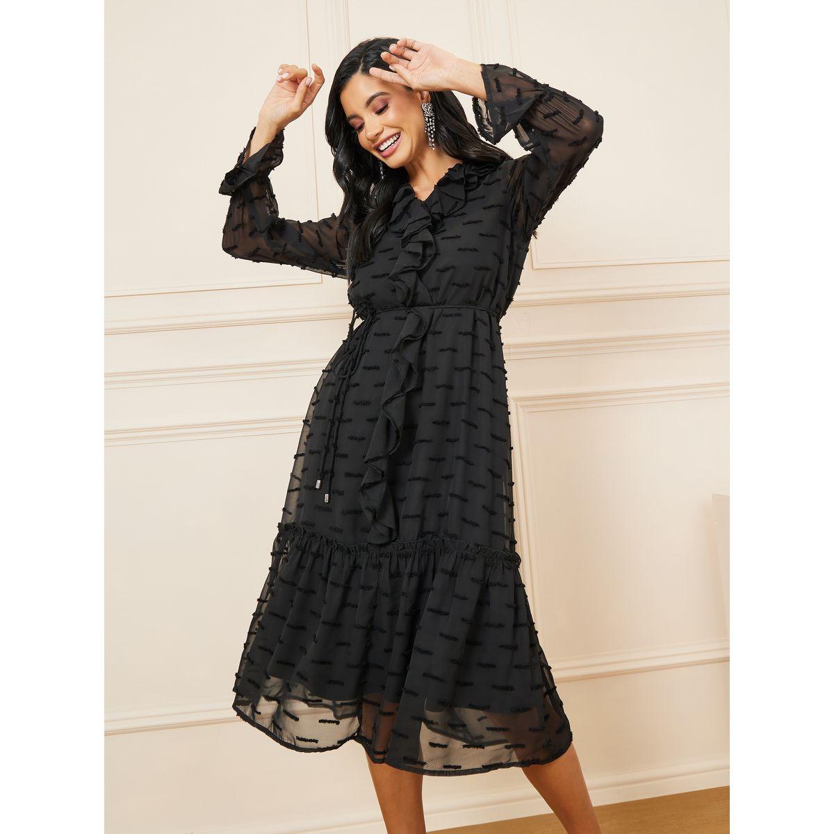 Styli Ruffle Detail Dobby Texture Tiered Midi Dress-women-clothing-dresses-image-2