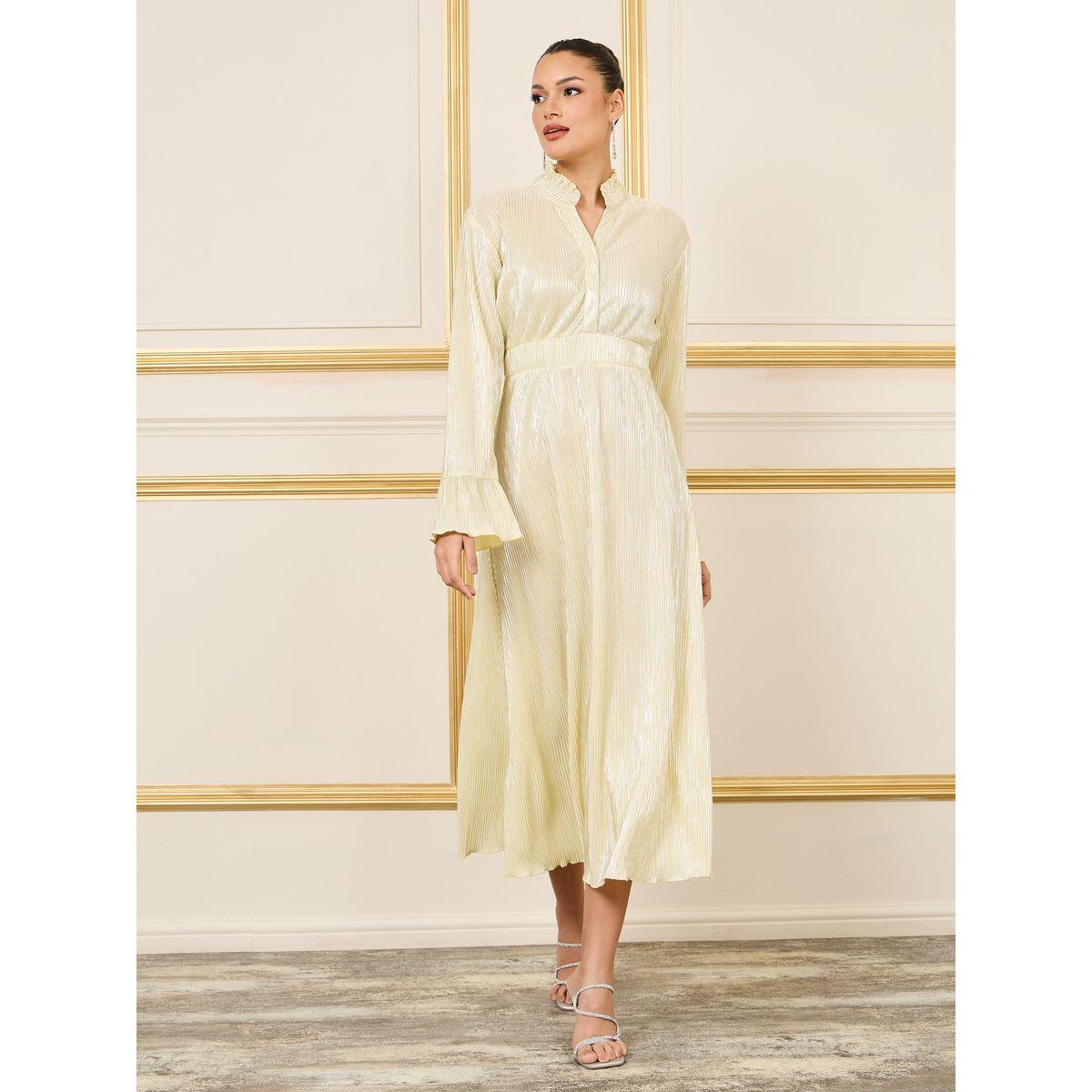 Styli Plisse Ruffle Trim Notch Neck A-Line Midi Dress-women-clothing-dresses-image-1