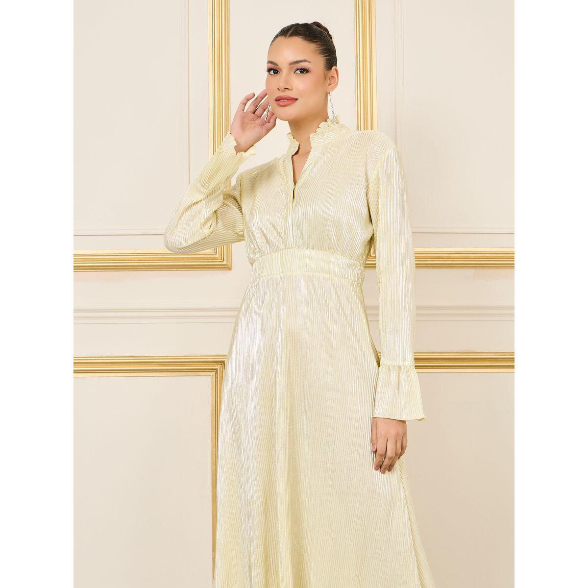 Styli Plisse Ruffle Trim Notch Neck A-Line Midi Dress-women-clothing-dresses-image-2