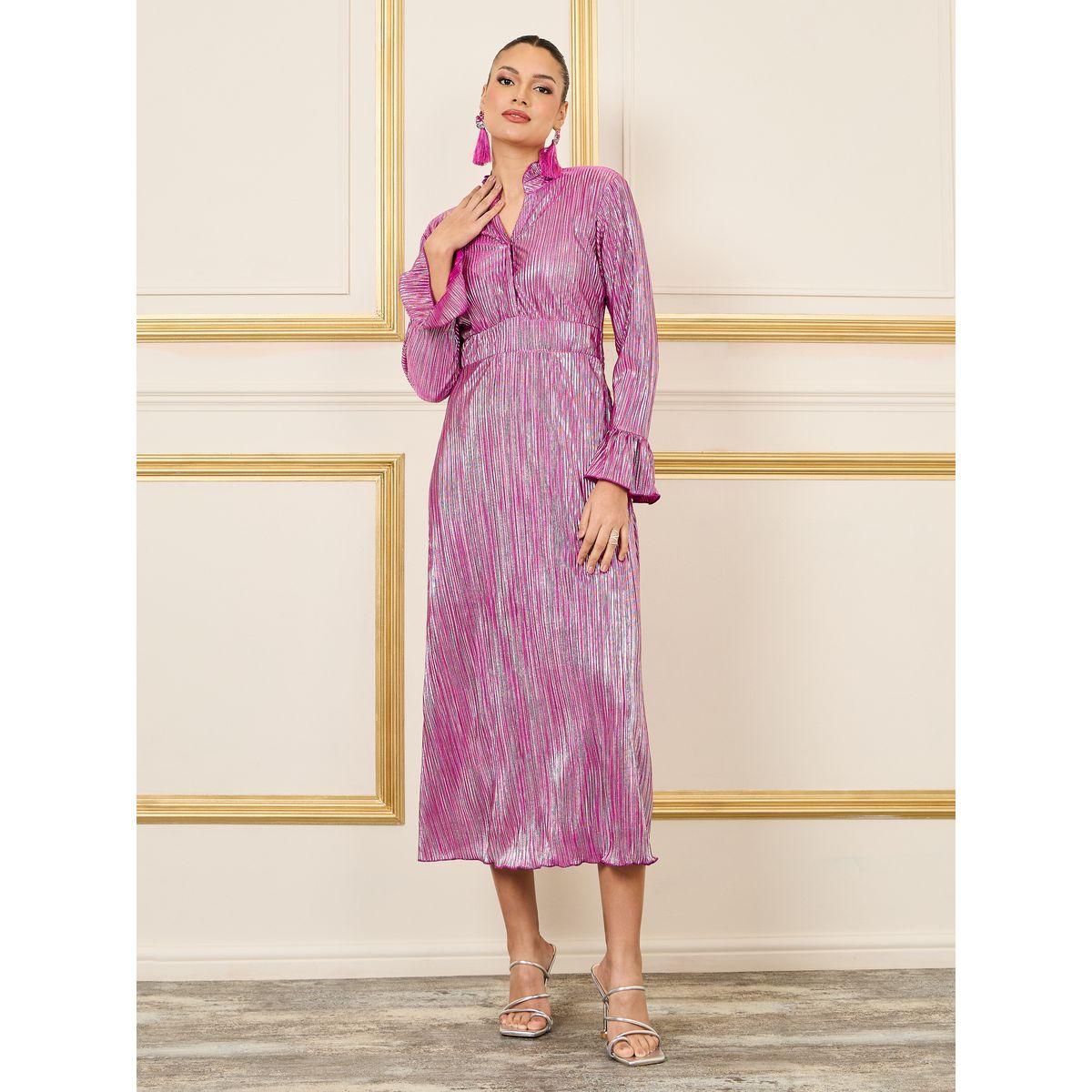 Styli Plisse Ruffle Trim Notch Neck A-Line Midi Dress-women-clothing-dresses-image-1