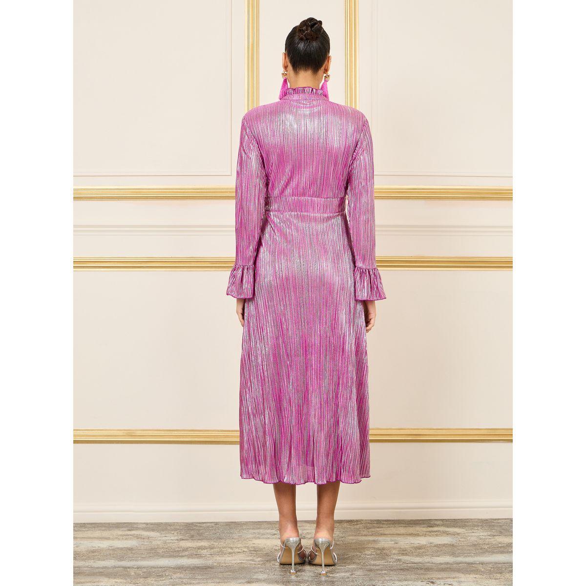 Styli Plisse Ruffle Trim Notch Neck A-Line Midi Dress-women-clothing-dresses-image-4