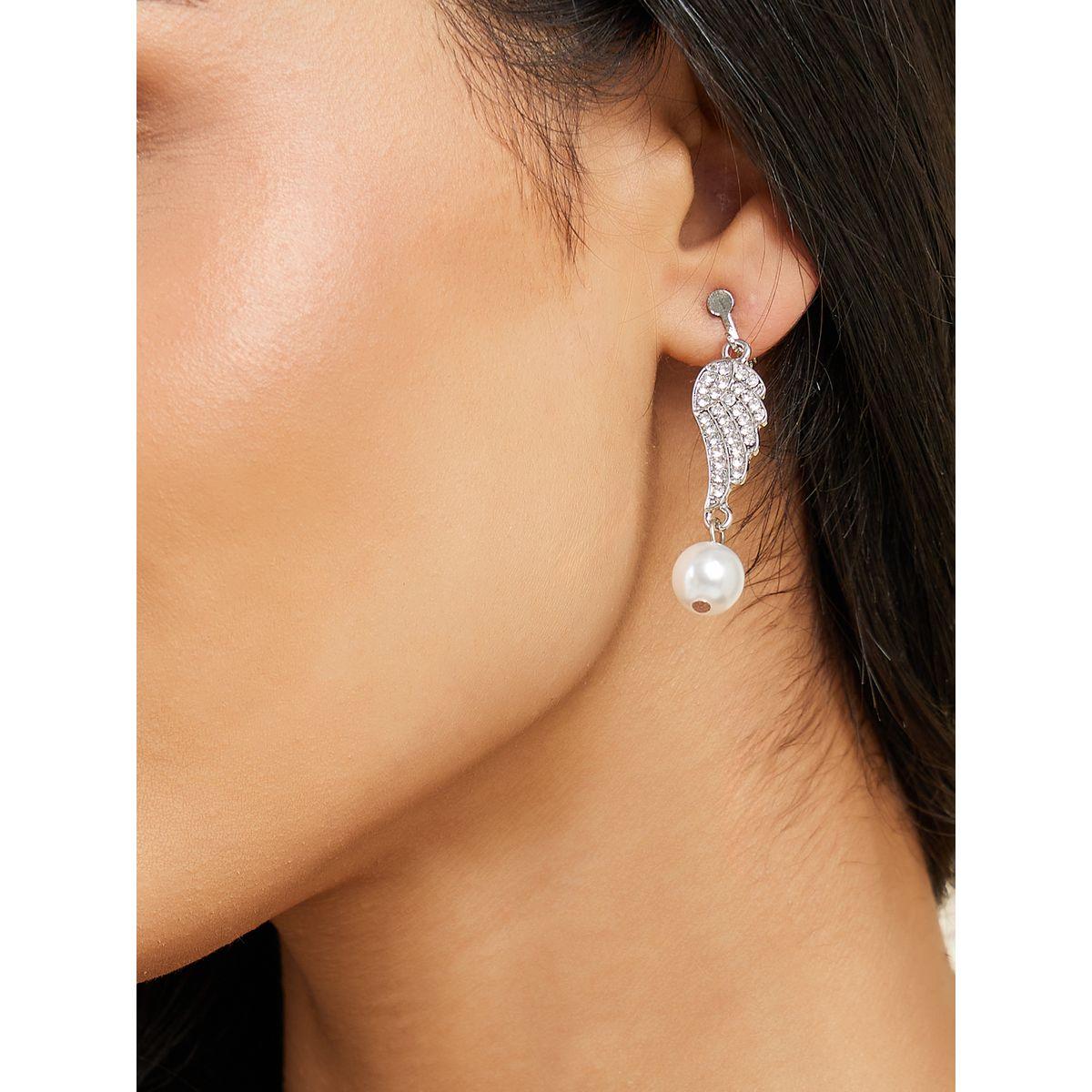 Styli Rhinestone Detail Wing Pearl Drop Dangle Earrings-women-watchesandjewellery-jewellery-earrings-image-1