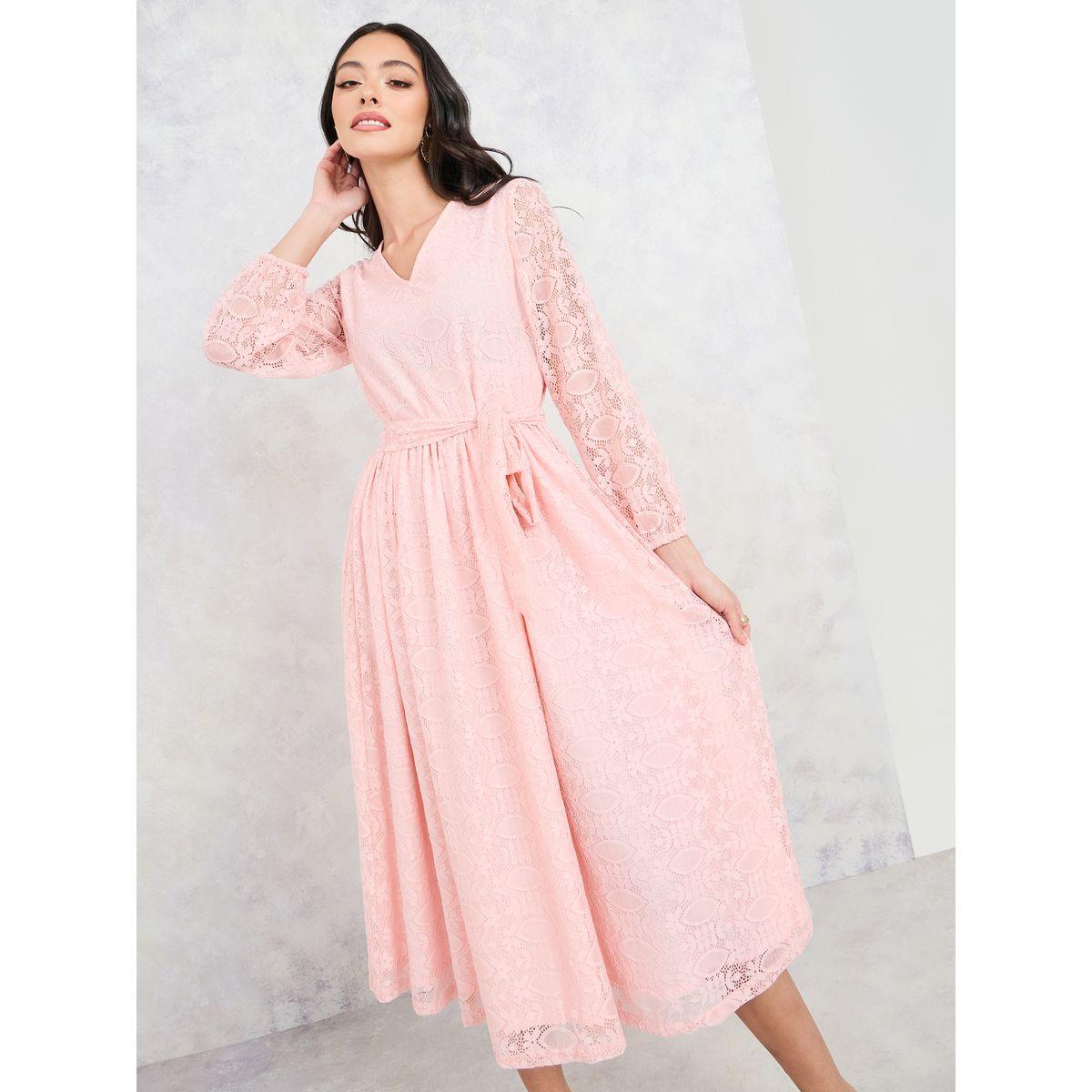 Styli All Over Lace A-Line Midi Dress with Self Tie Up-women-clothing-dresses-image-1