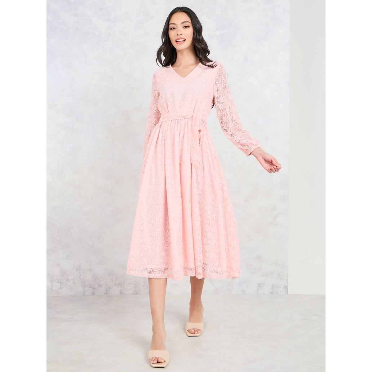 Styli All Over Lace A-Line Midi Dress with Self Tie Up-women-clothing-dresses-image-2