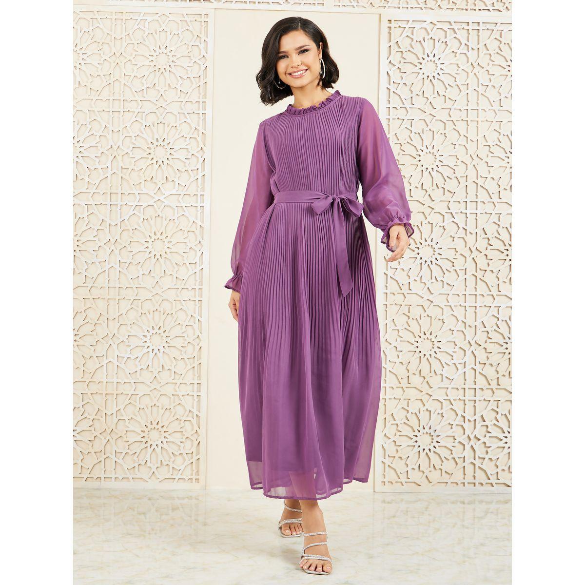 Styli Pleated High Neck A-Line Maxi Dress-women-clothing-dresses-image-1