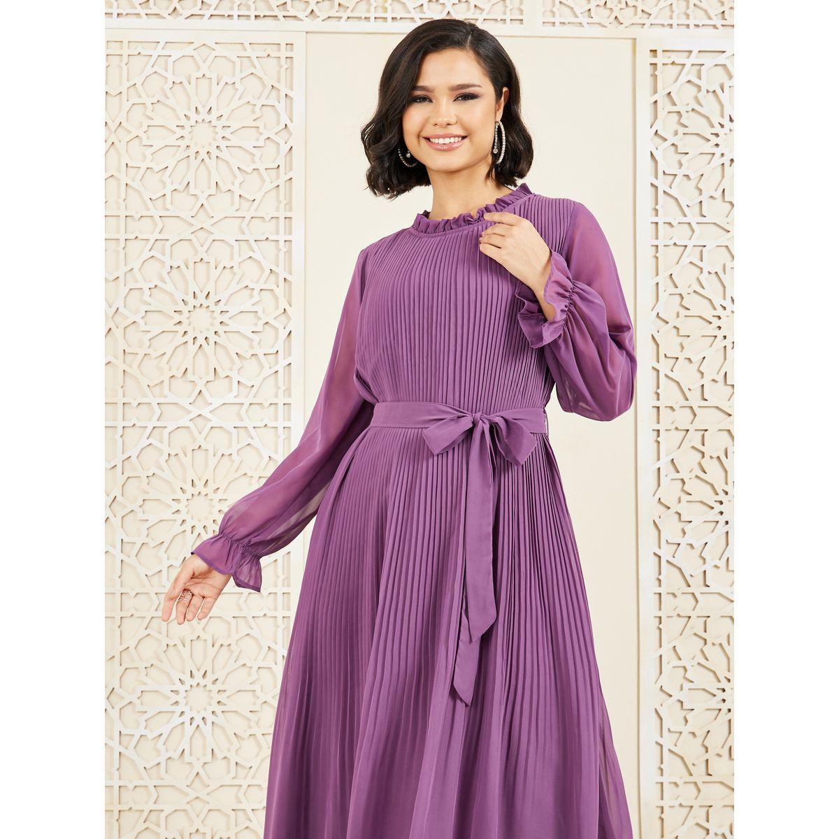 Styli Pleated High Neck A-Line Maxi Dress-women-clothing-dresses-image-2
