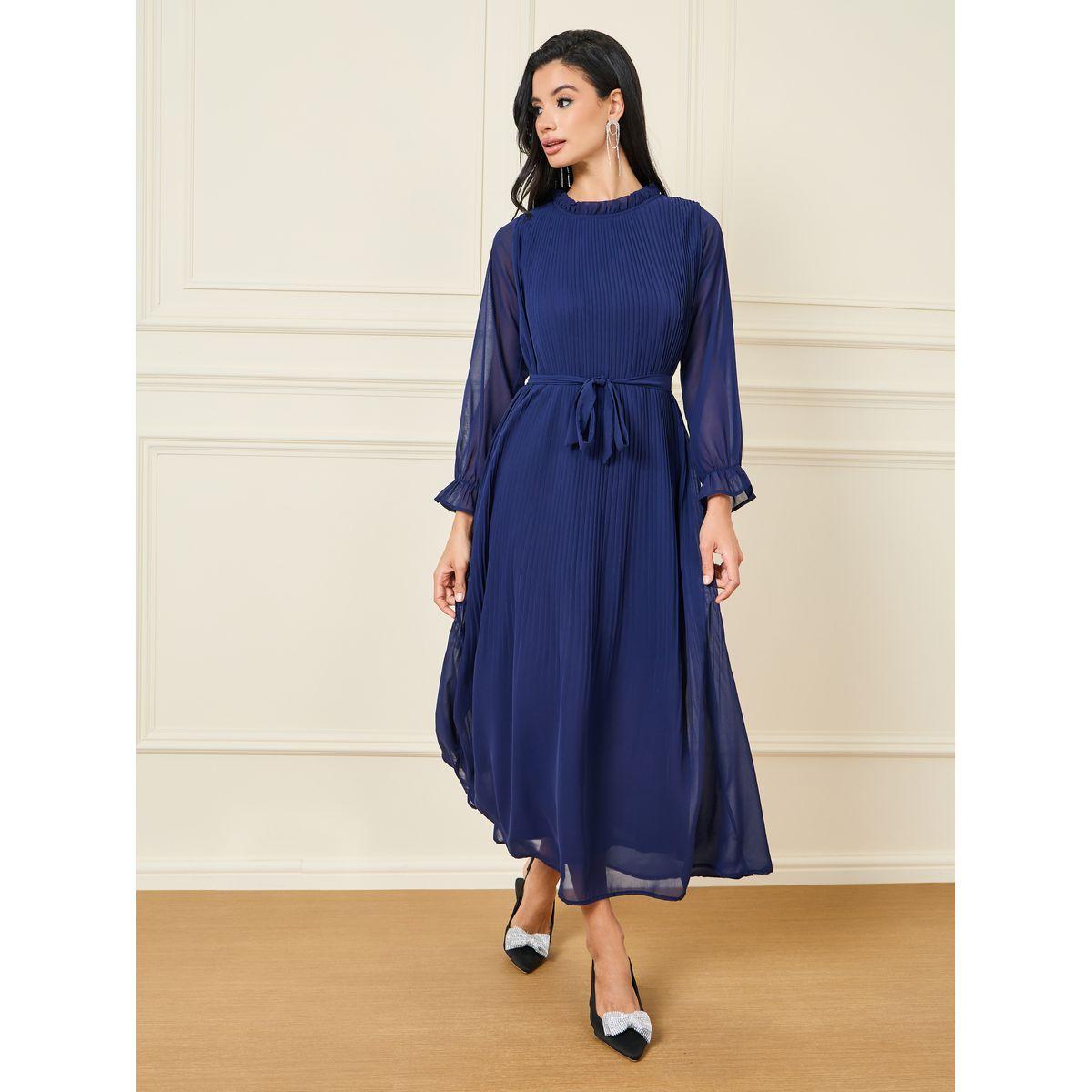 Styli Pleated High Neck A-Line Maxi Dress-women-clothing-dresses-image-1